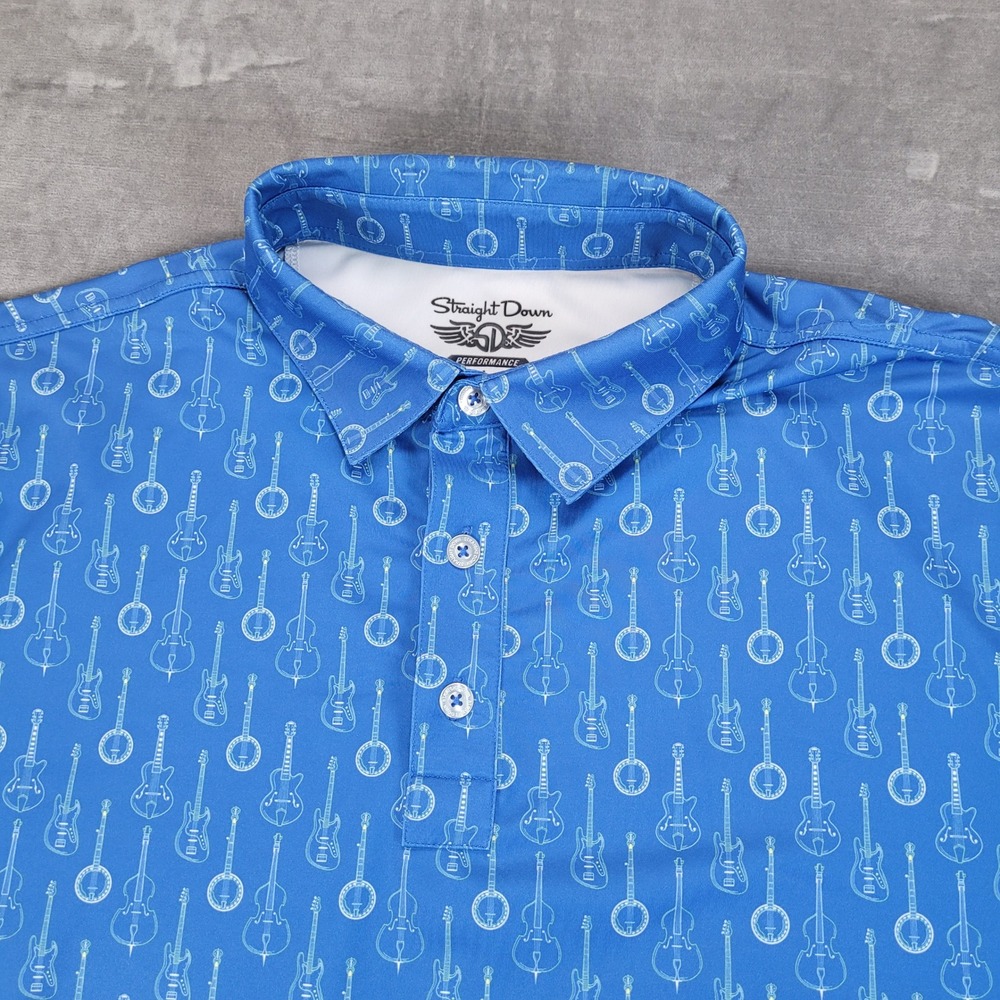 Straight Down Performance Polo Shirt Mens L Blue Guitar Banjo Print Golf Logo - Picture 6 of 9